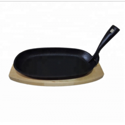 FDA Qualified Preseasoned Cast Iron Fajita Pan/ Sizzling Plate with Birch Wooden Base