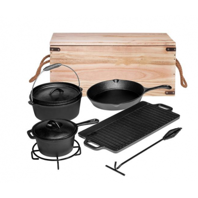 7 Piece Heavy Duty Cast Iron Camping Cooking Set with Box