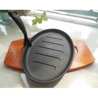 Oval Preseasoned Cast Iron Sizzler Plate & Skillet Pan with Wood Base